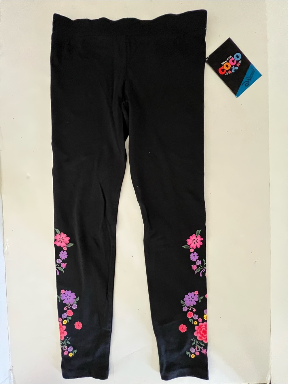 Disney Black Leggings with Pink & Purple Floral Side Trim